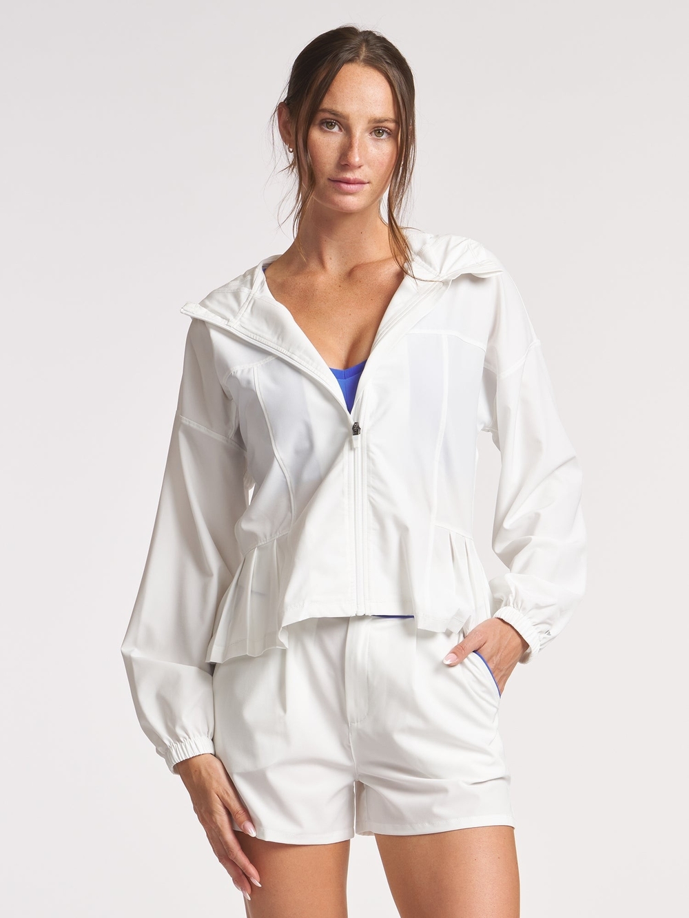 White Hooded Women’s Swim Coverup Jacket with Peplum Waist